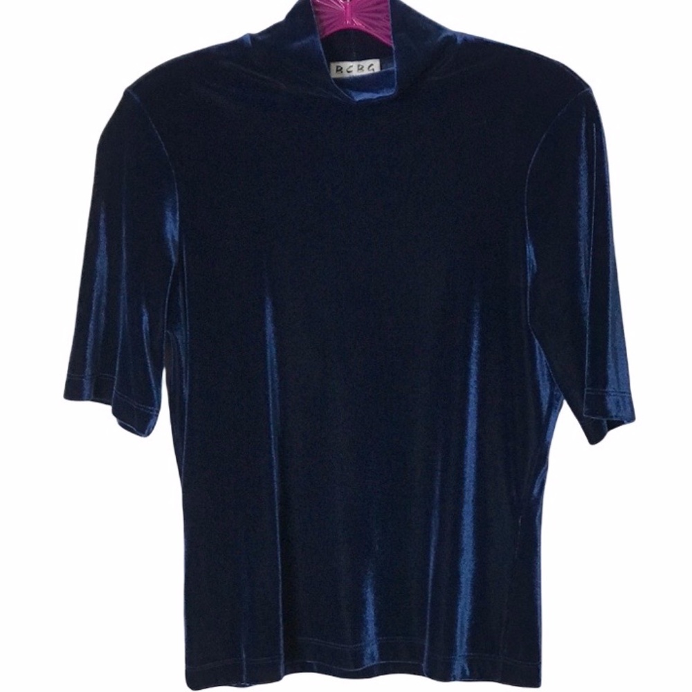 BCBG Paris Blue Stretch Velvet Mock Turtleneck Top